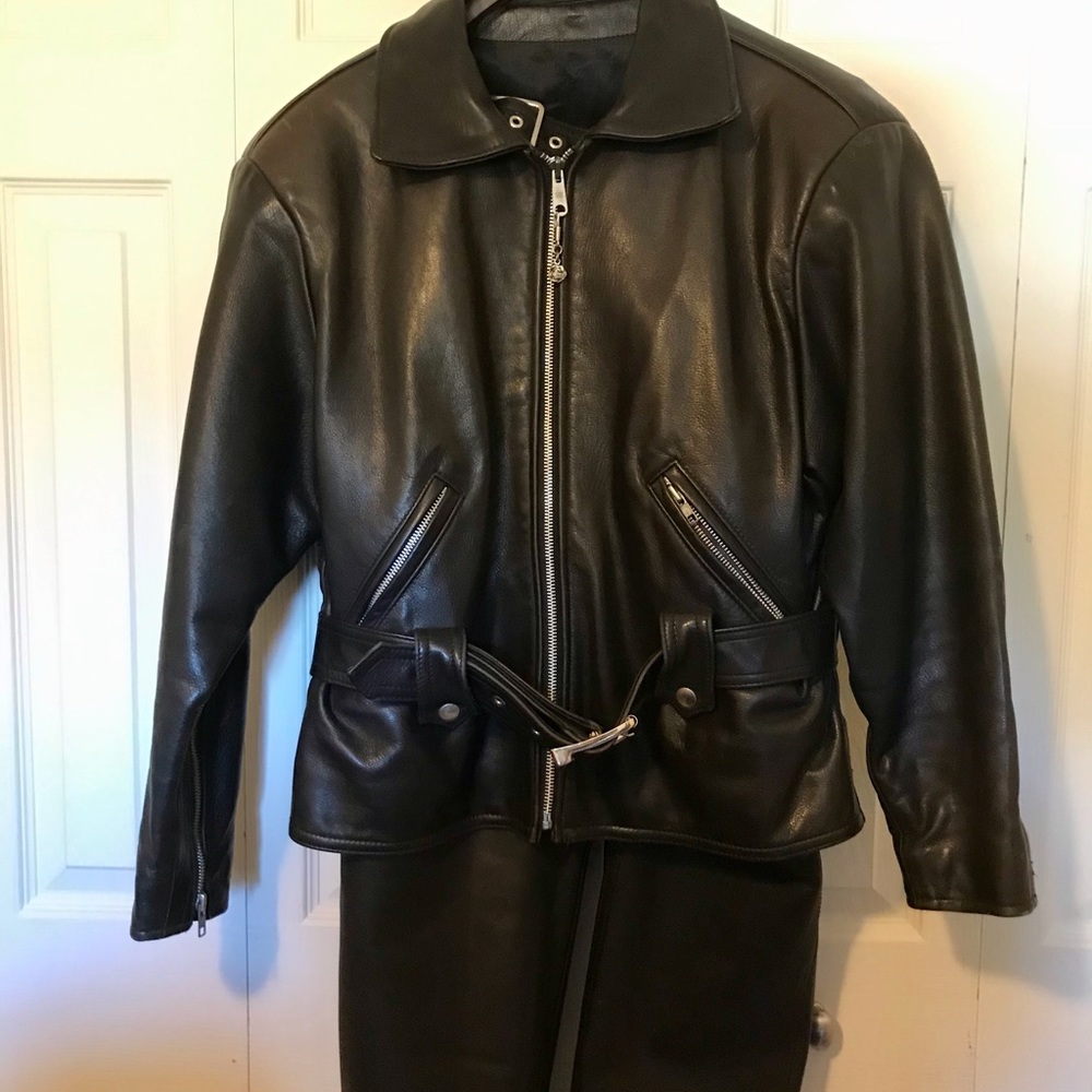 Leather biker jacket and chaps